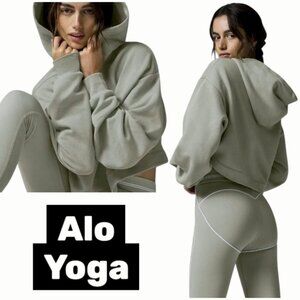 Alo Yoga Bae Cropped Hoodie Green Tone Soft French Terry Relaxed Fit Small